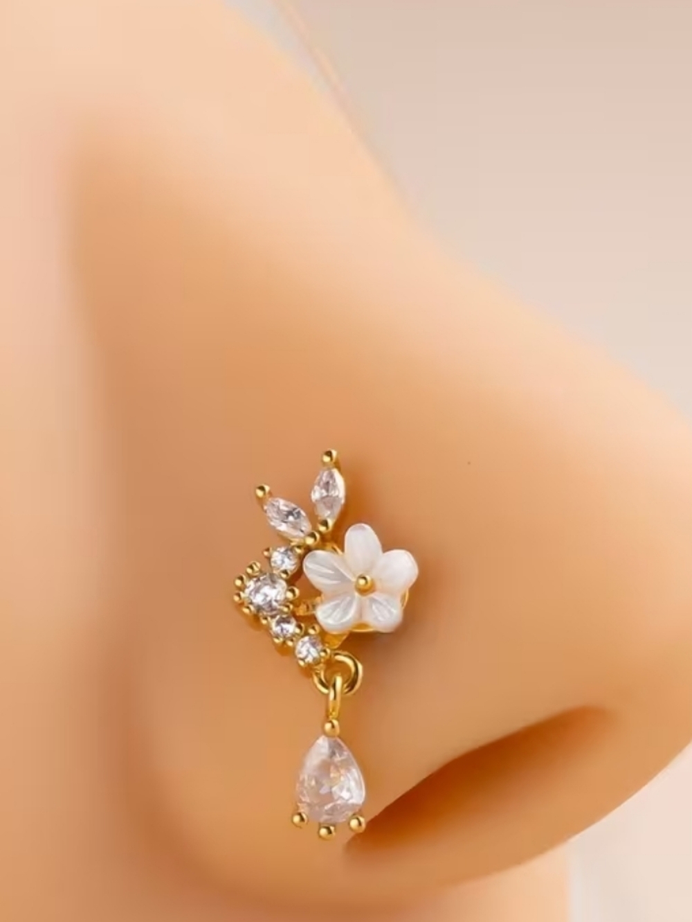 Gold Floral Cubic Zirconia Nose Stud with White Flower Accent